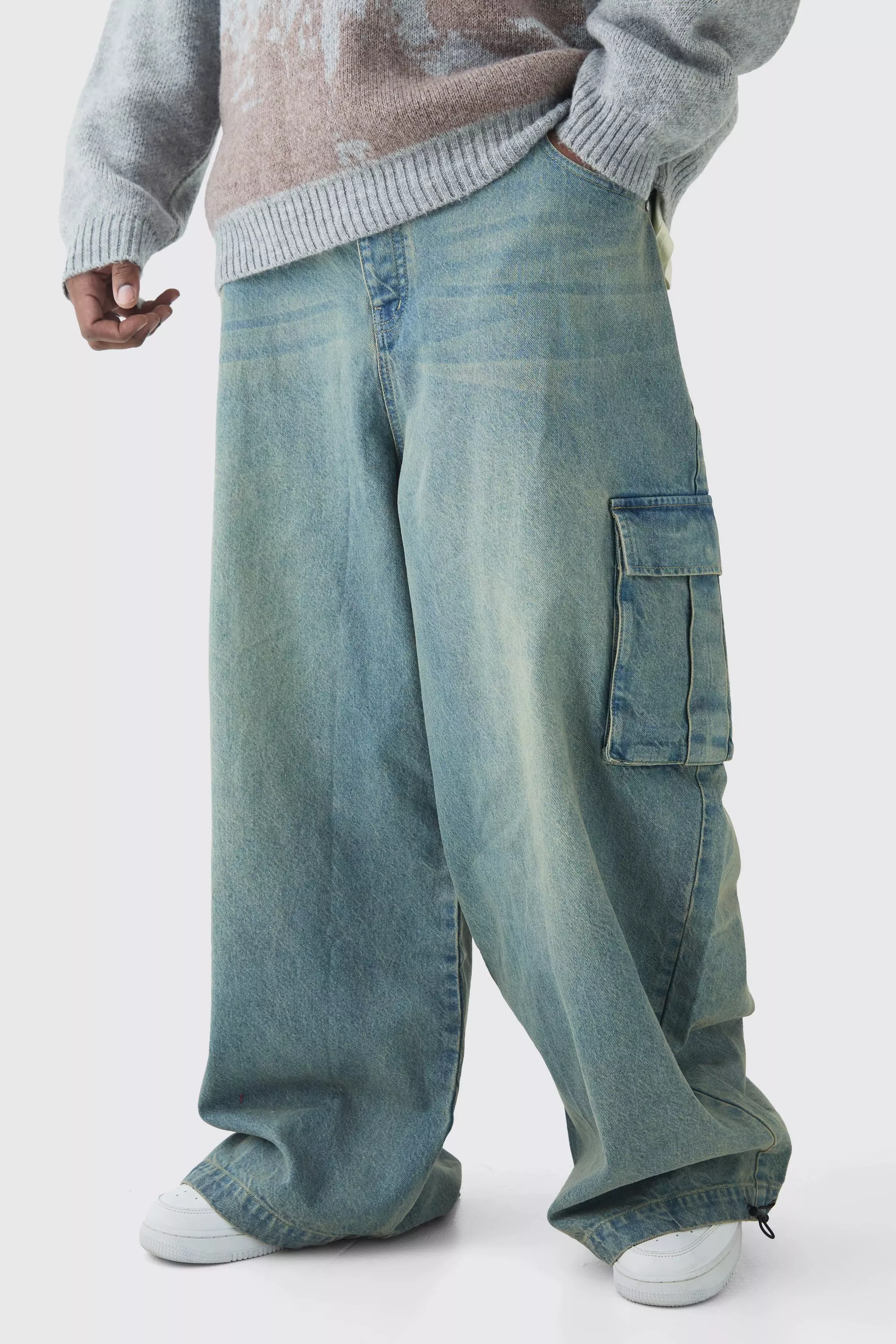Plus Denim Cargo Parachute Jean boohooMAN UK